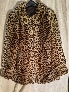 Women's Leopard Print Faux Fur Reversible Coat Dennis Basso Lrg Superb Condition